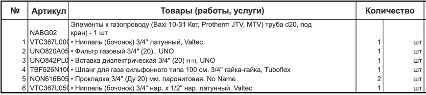 Элементы к газопроводу (Baxi 10-31 Квт, Protherm JTV, MTV) труба d20, под кран)